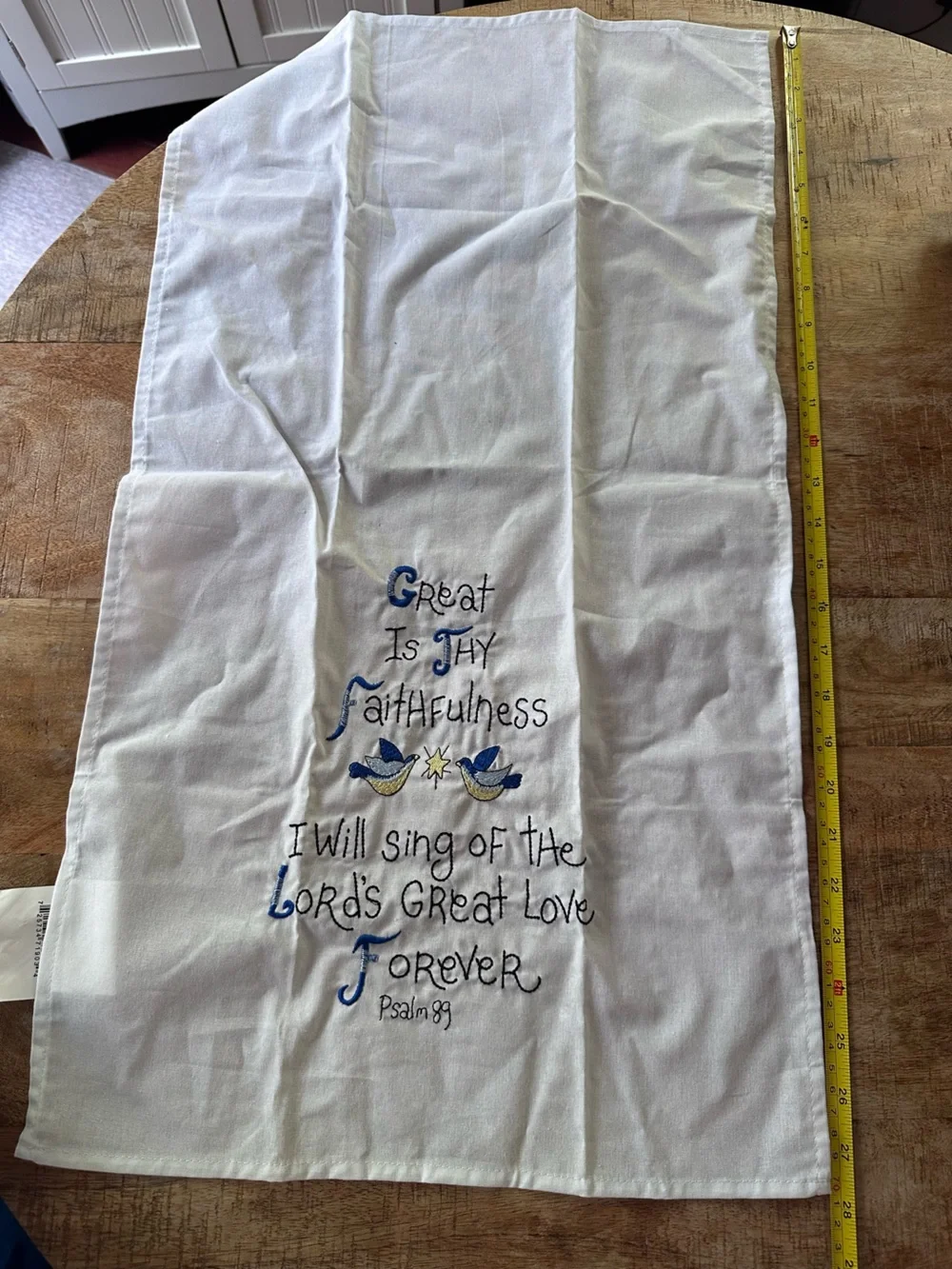 Psalm 89 Embroidered Faithfulness linen - White with Blue & Gold Accents
